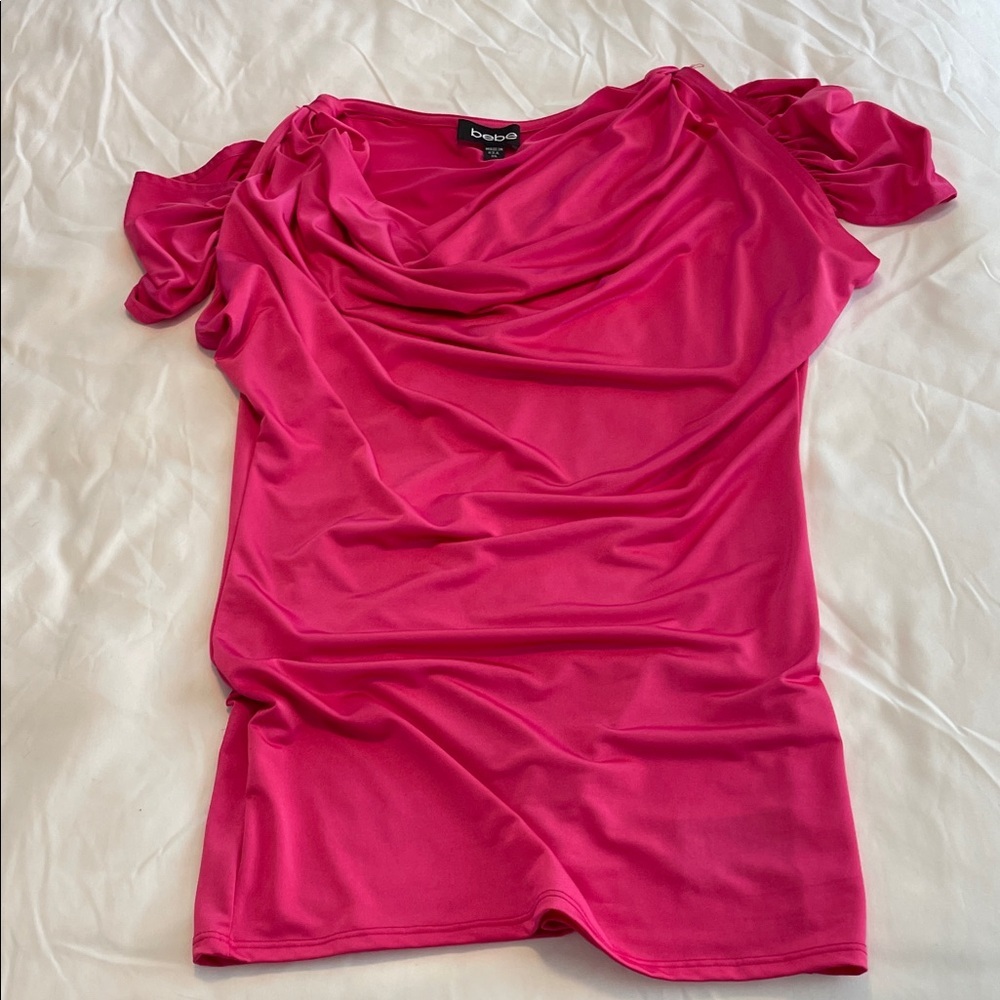 Bebe Fuchsia Draped Blouse with cut out shoulders